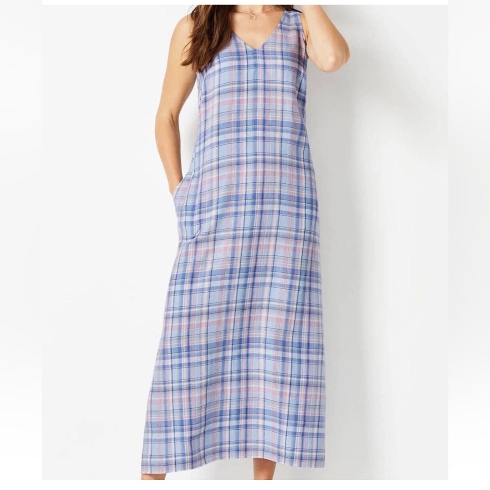 J. Jill Love Linen Plaid Maxi Dress Purple Gingham Size Large Petite